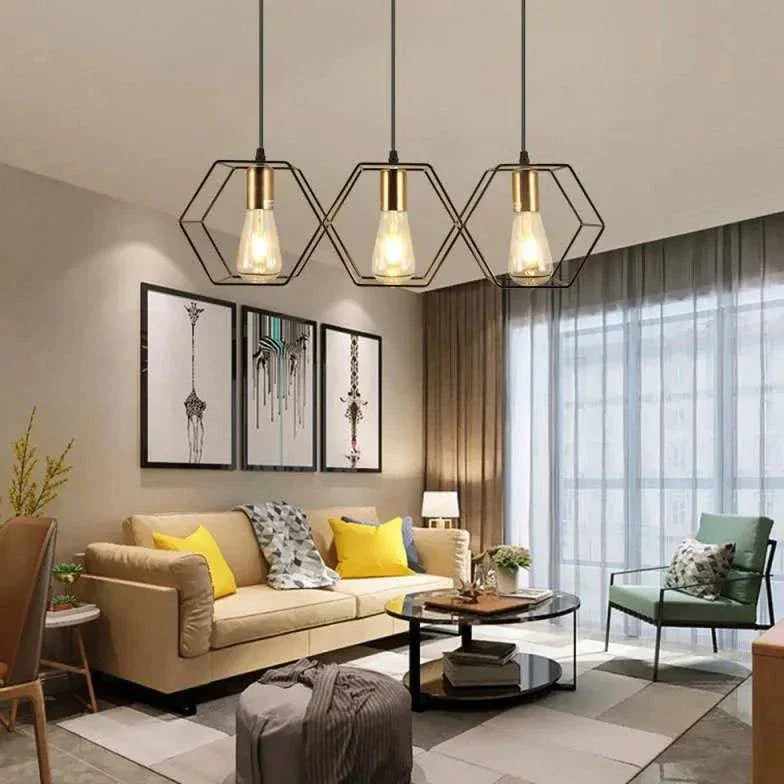 Lustre Industriel Noir Hexagonal À Trois Lumières - Clowas.fr