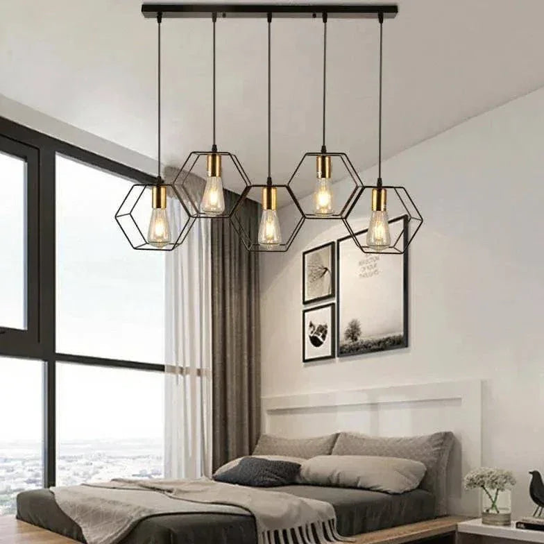 Lustre Industriel Noir Hexagonal À Trois Lumières - Clowas.fr