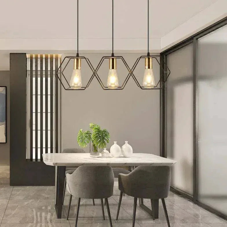 Lustre Industriel Noir Hexagonal À Trois Lumières - Clowas.fr