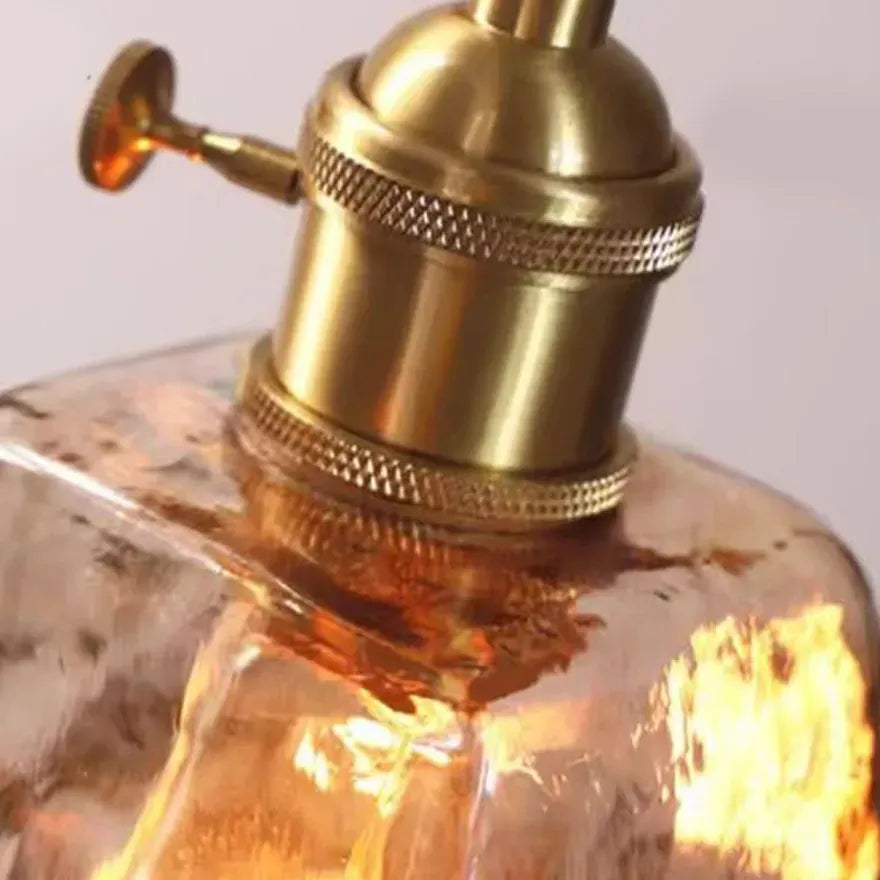 Suspension Vintage en Verre Ambré et Laiton avec Interrupteur Rotatif