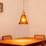Suspension Vintage en Verre Ambré et Laiton avec Interrupteur Rotatif