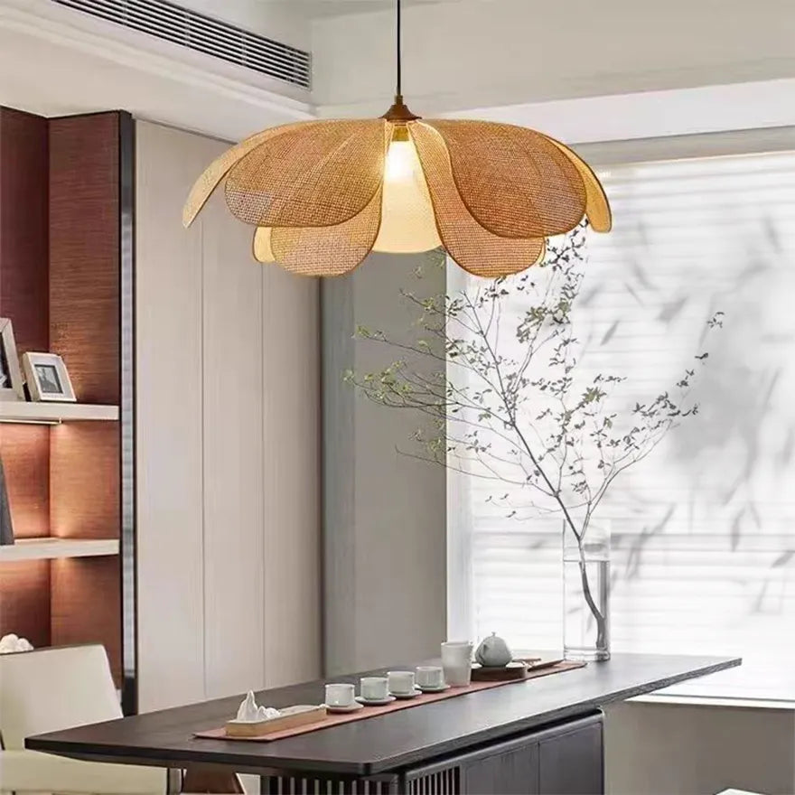 Suspension Fleur En Rotin Style Japonais Vintage avec Blanc Chaud