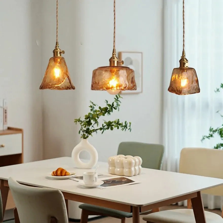 Suspension Vintage en Verre Ambré et Laiton avec Interrupteur Rotatif