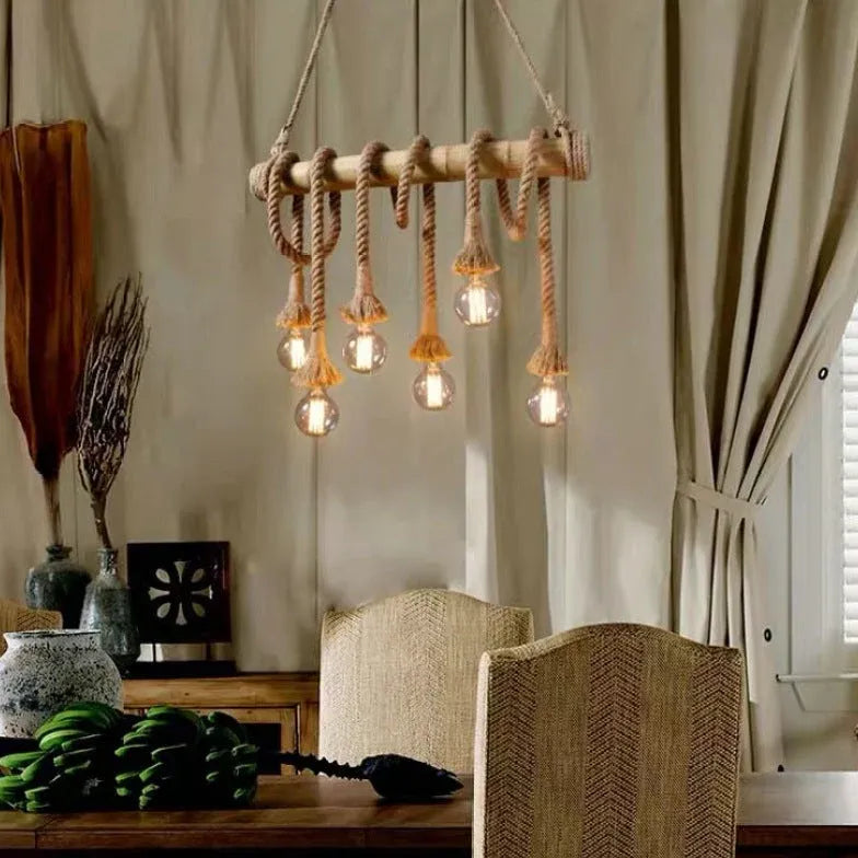 Rope Design Multi-Light Vintage Wooden Pendant Light