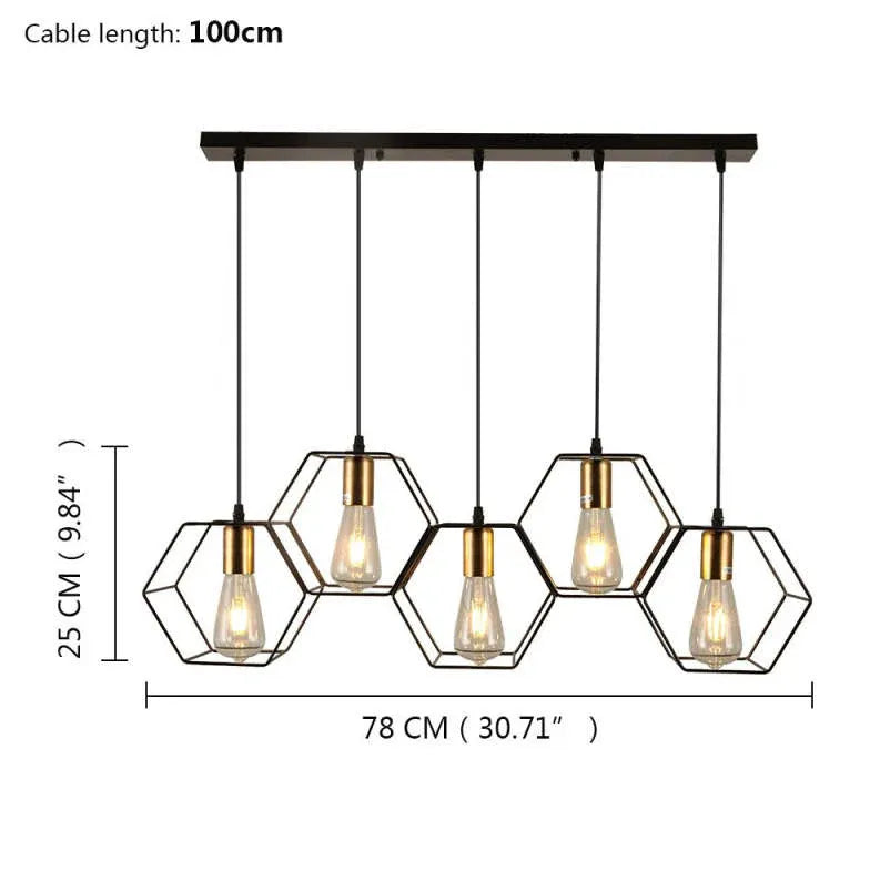 Lustre industriel noir hexagonal à trois lumières