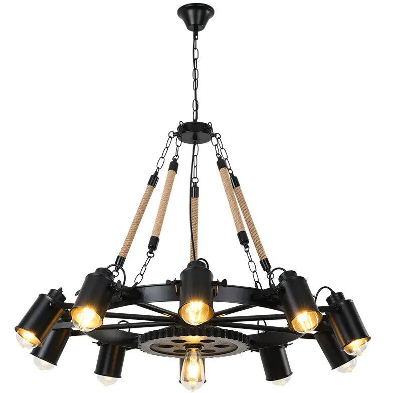 Black Wheel-Shaped Multi-Bulb Industrial Pendant Light