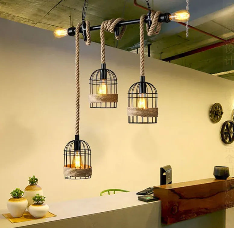 Three-Head Birdcage Linear Industrial Pendant Light