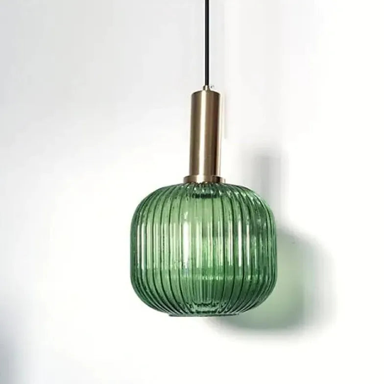 Vertical Striped Vintage Green Glass Pendant Light