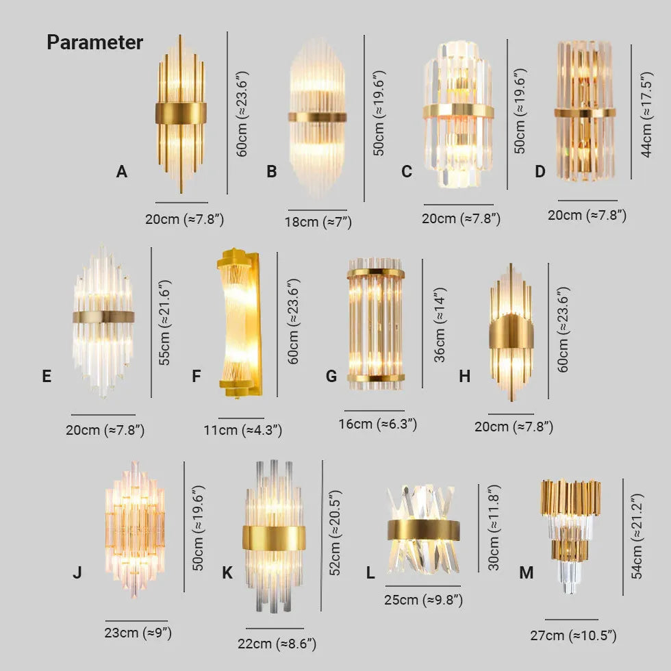 Lumières murales de chambre en cristal en or en or