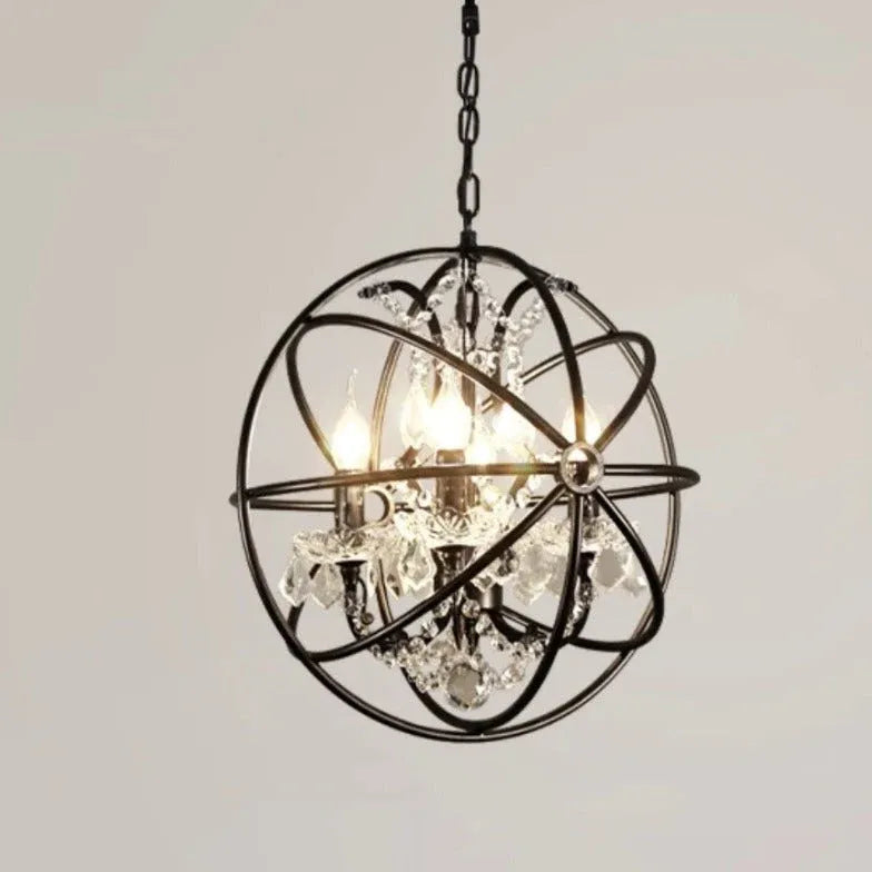 Spherical Wrought Iron Crystal Vintage Chandelier