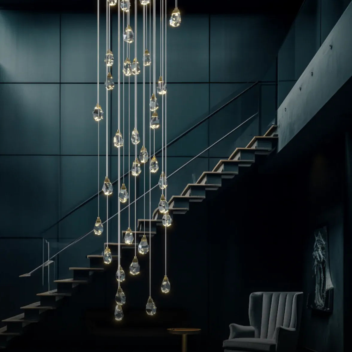 Lustre moderne pour cage d'escalier en cristal