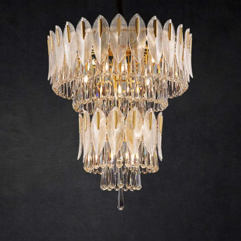 Crystal Leaf Adorned Golden Modern Chandelier