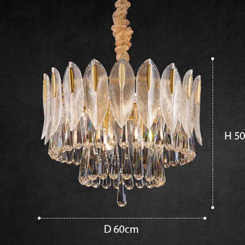 Crystal Leaf Adorned Golden Modern Chandelier