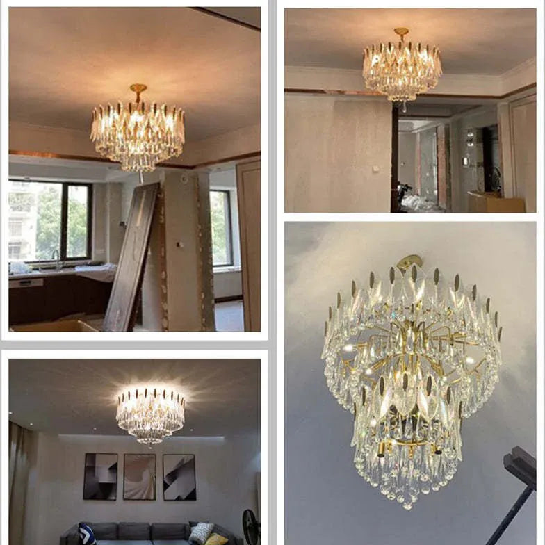 Crystal Leaf Adorned Golden Modern Chandelier