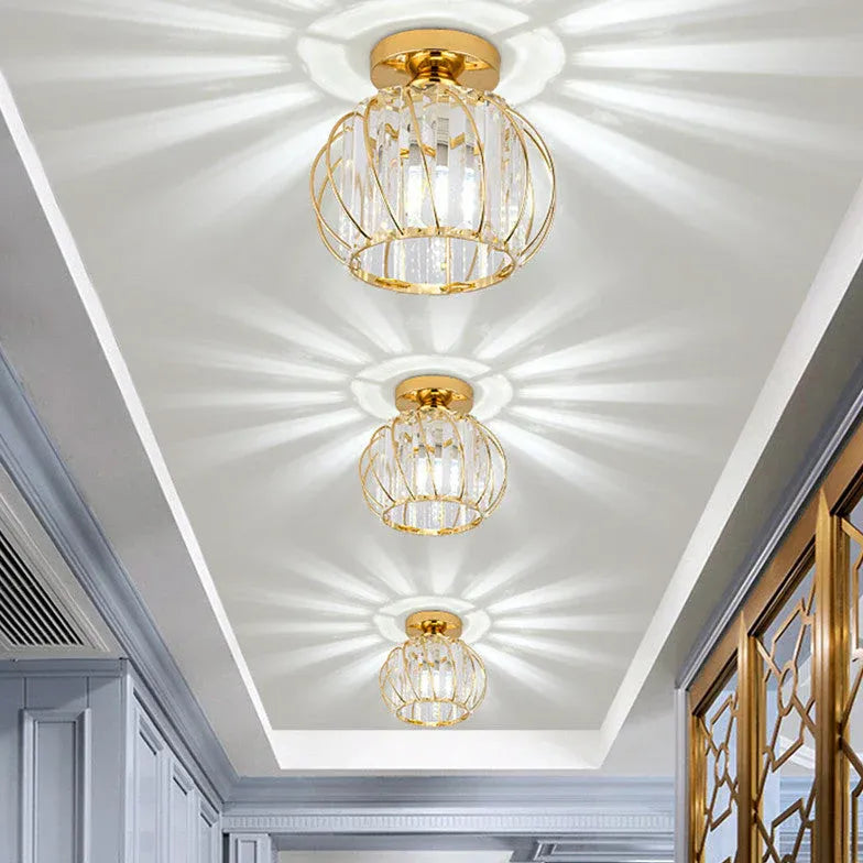 Lantern Iron Frame Crystal Flush Ceiling Lights