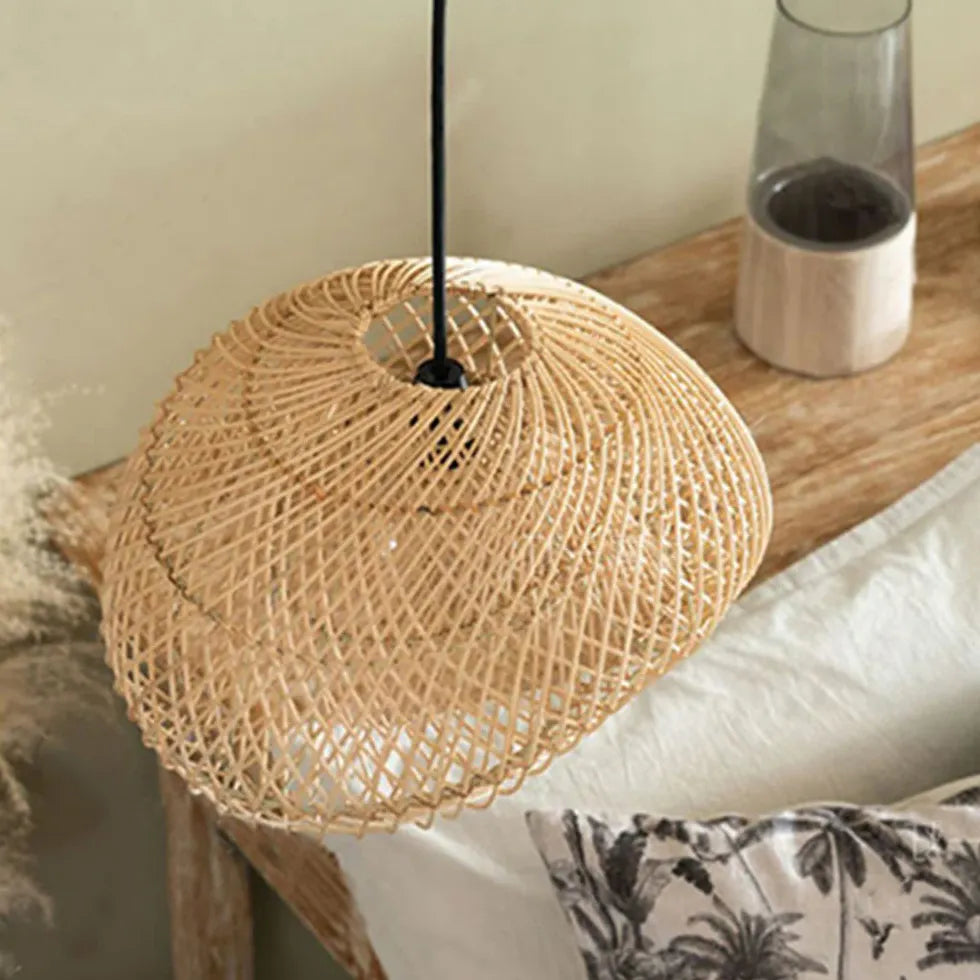 Grid Weaving Bedroom Rattan Pendant Light