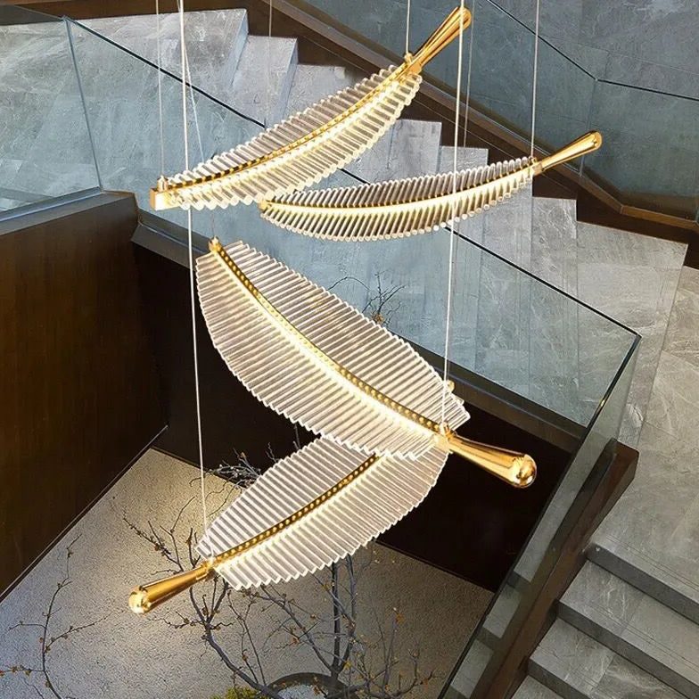 Feather Shaped Glass Gold LED Pendant Light