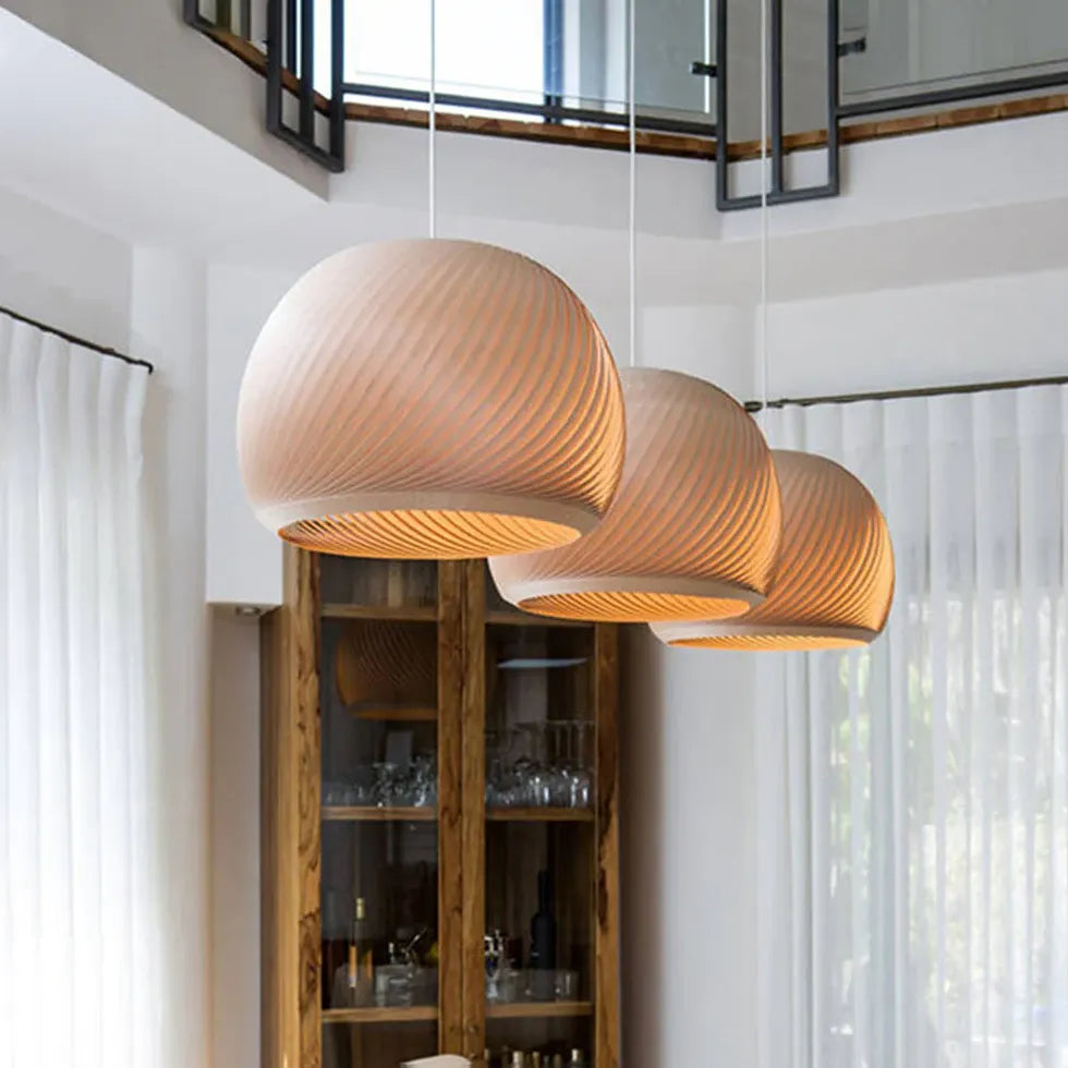 Hemispherical Spiral Wooden Pendant Light