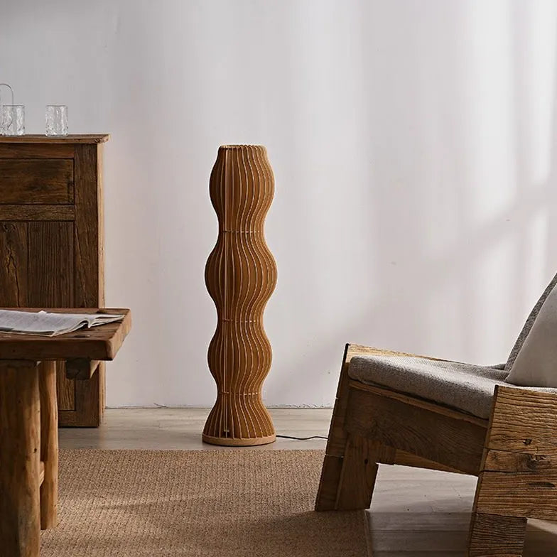 Wooden Wave-Shaped Sculptural Floor Lamp