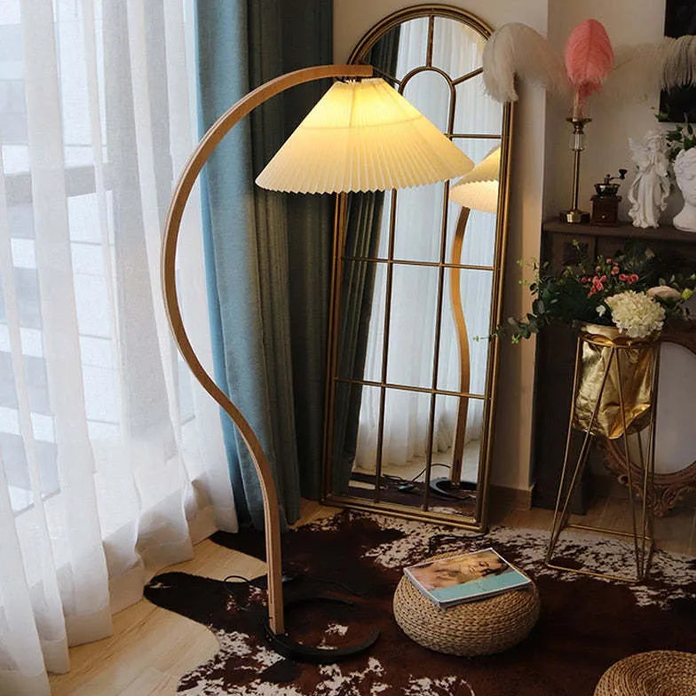 Lampadaire de chambre à coucher en tissu incurvé en bois