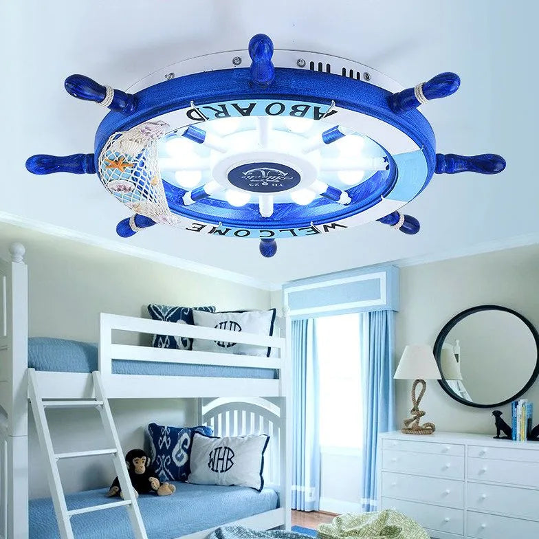 Ship Wheel-Shaped Blue and White Ceiling Light