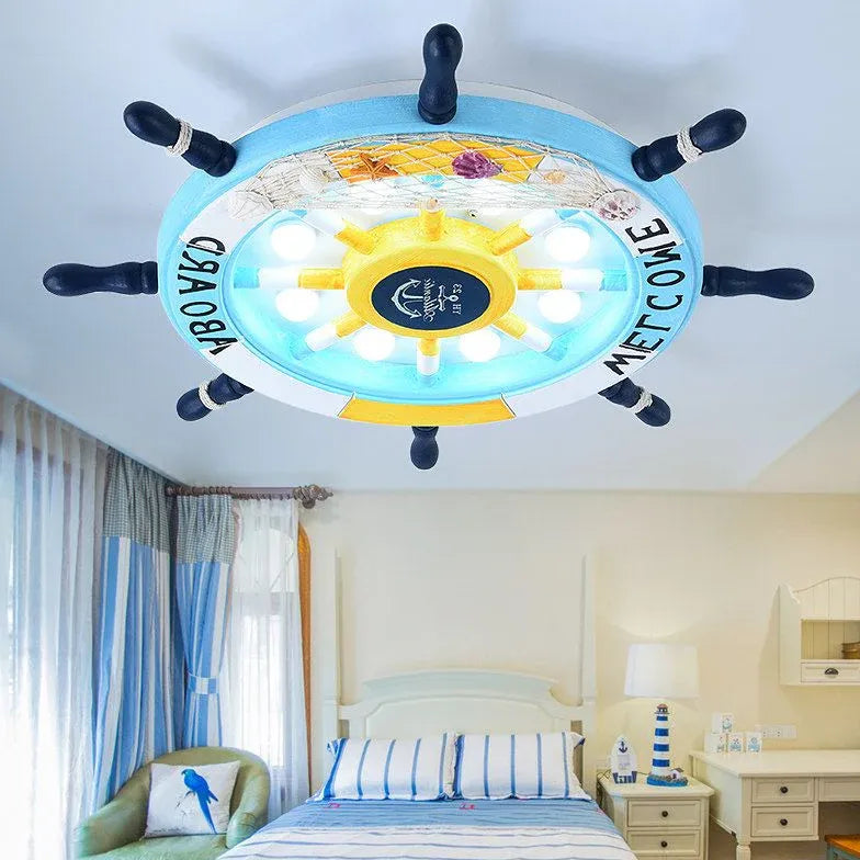 Ship Wheel-Shaped Blue and White Ceiling Light