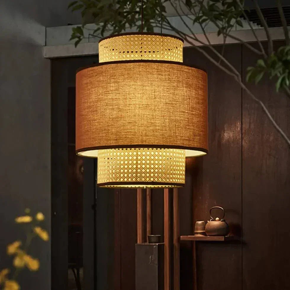 Lustre Cylindrique En Rotin Double Couche - Clowas.fr