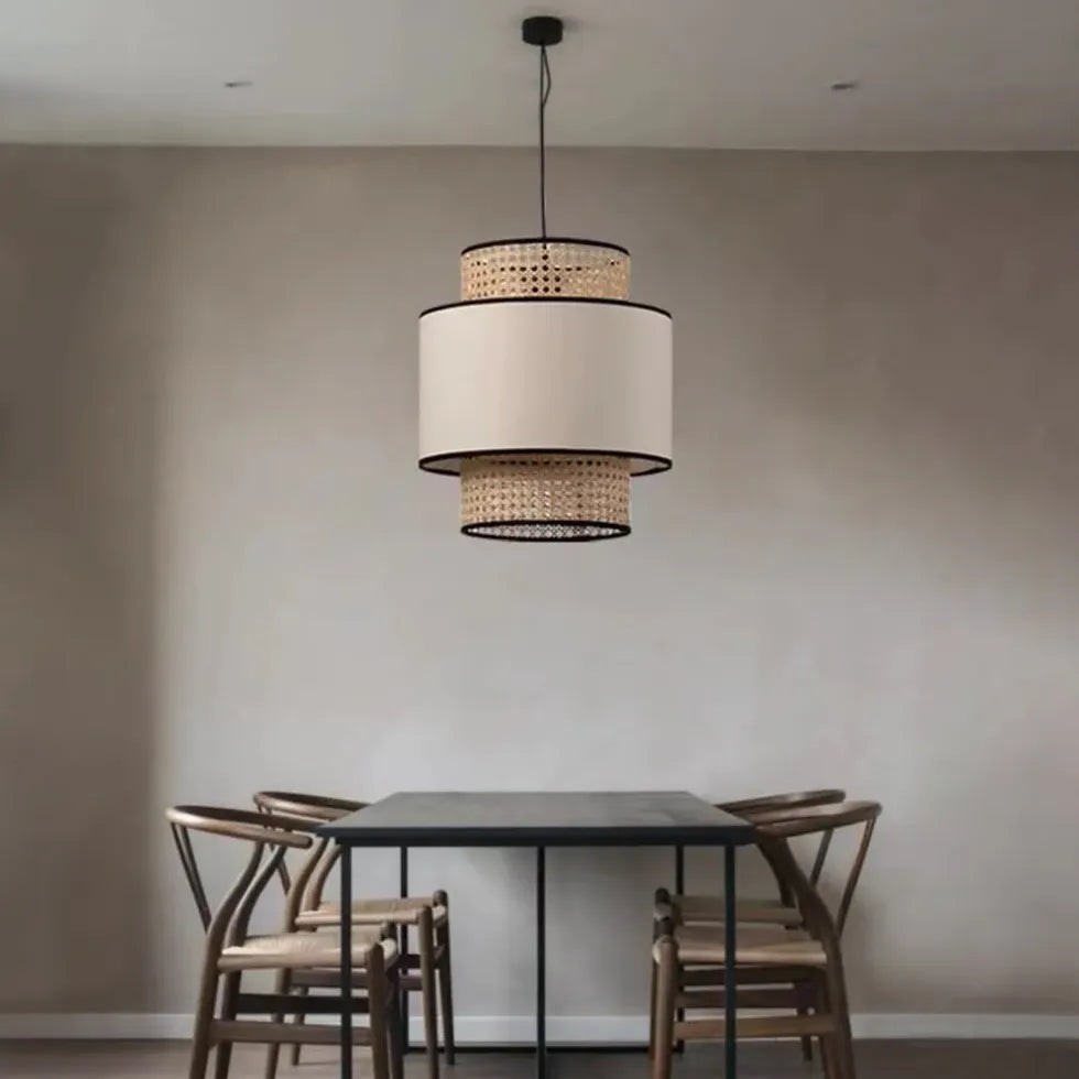 Rattan and PVC Double-Layer Cylindrical Pendant Light