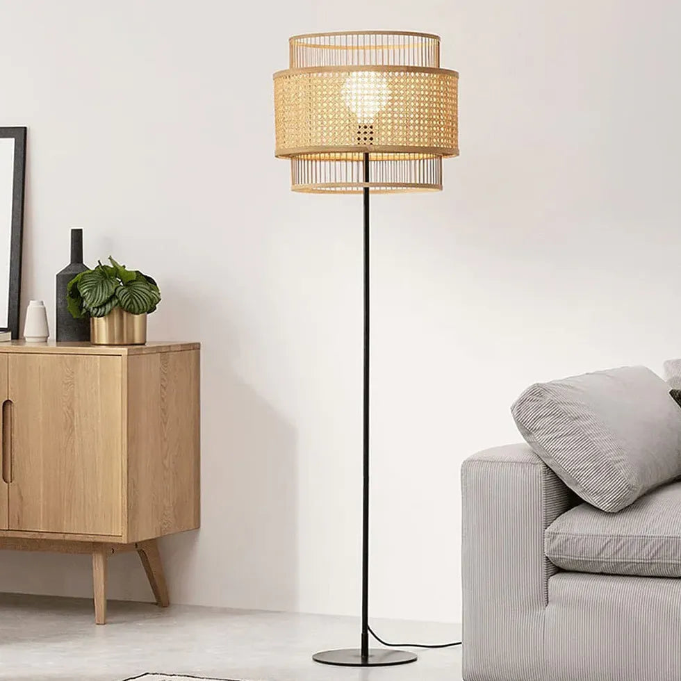 Lampadaire minimaliste en osier cylindrique double