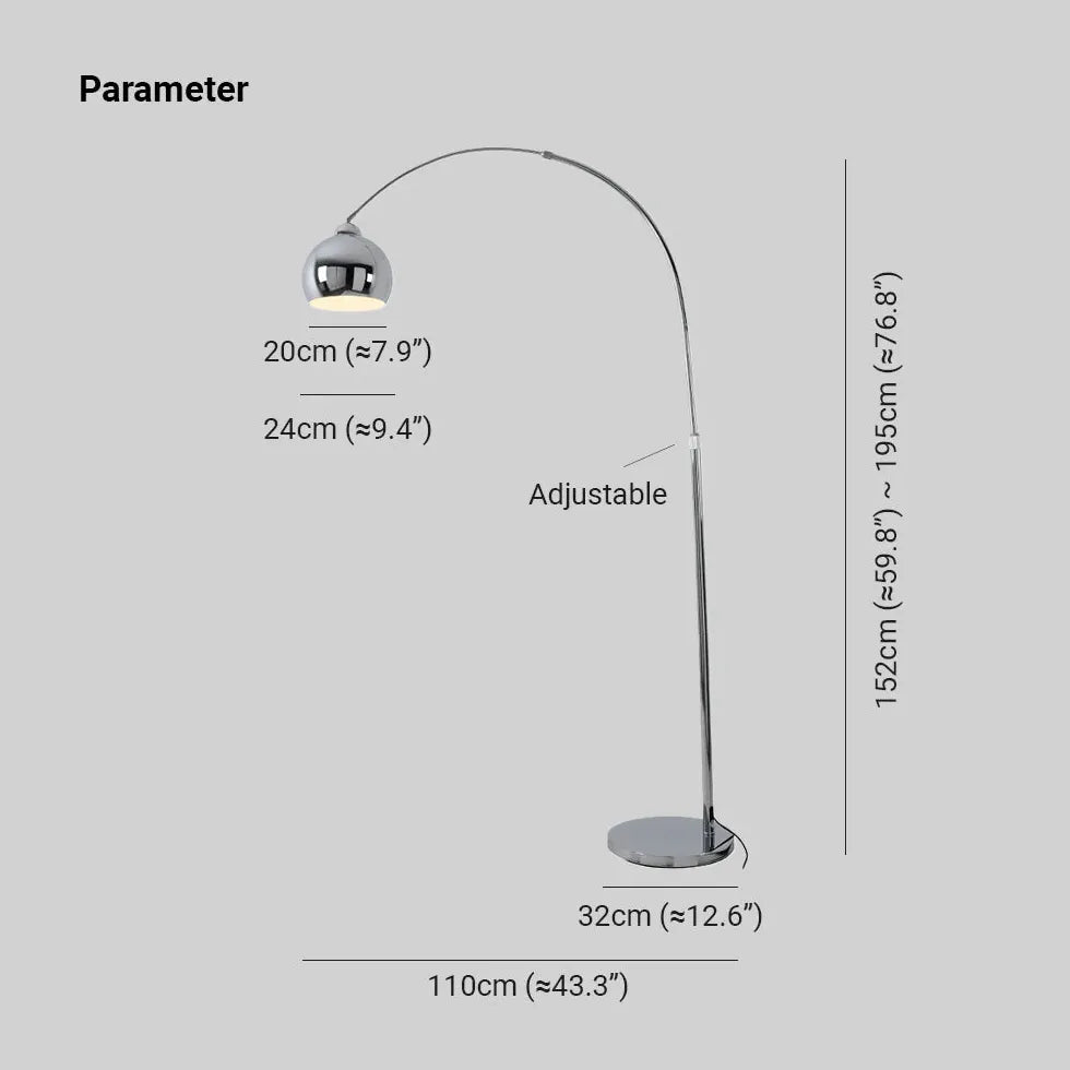 Lampadaire à arc moderne de sphère argentée